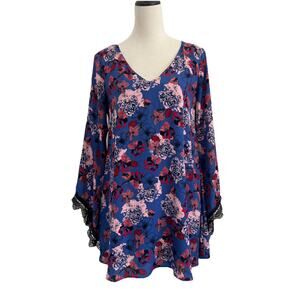ASTR Dress Womens Small Blue Floral Mini V Neck Bell Sleeve Lace Trim Lined Boho